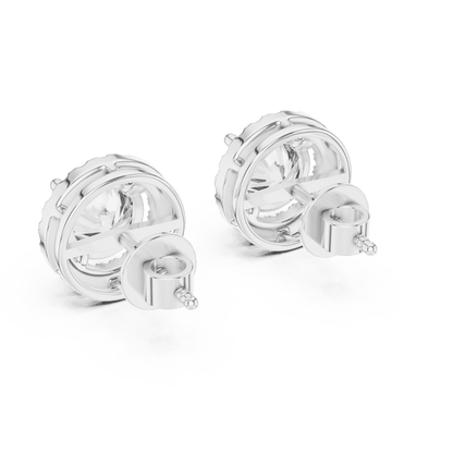 Round halo diamond stud earrings featuring brilliant center stones surrounded by sparkling halo accents with secure stud backs by Aortas Jewels.