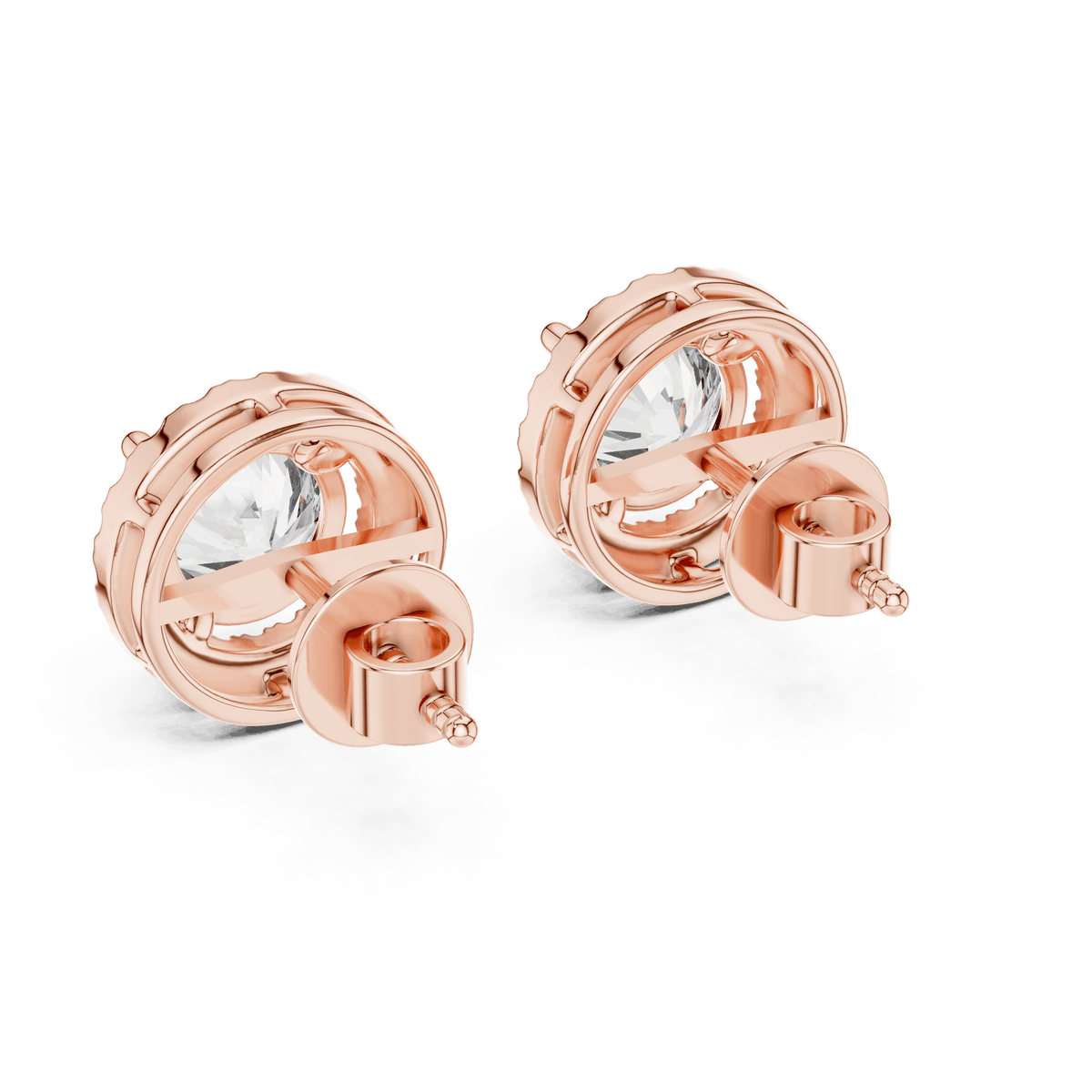 Round halo diamond stud earrings featuring brilliant center stones surrounded by sparkling halo accents with secure stud backs by Aortas Jewels.