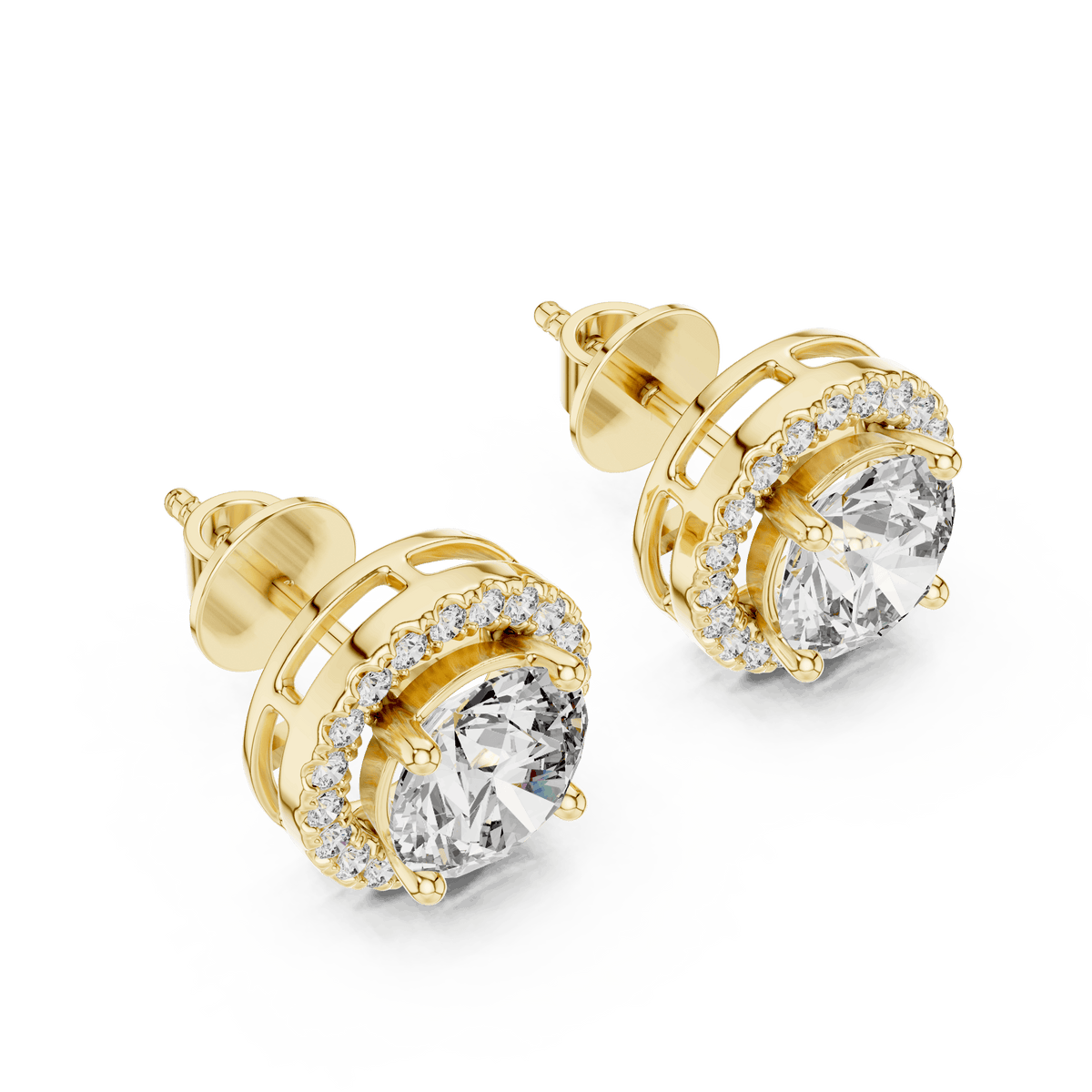 Round halo diamond stud earrings featuring brilliant center stones surrounded by sparkling halo accents with secure stud backs by Aortas Jewels.