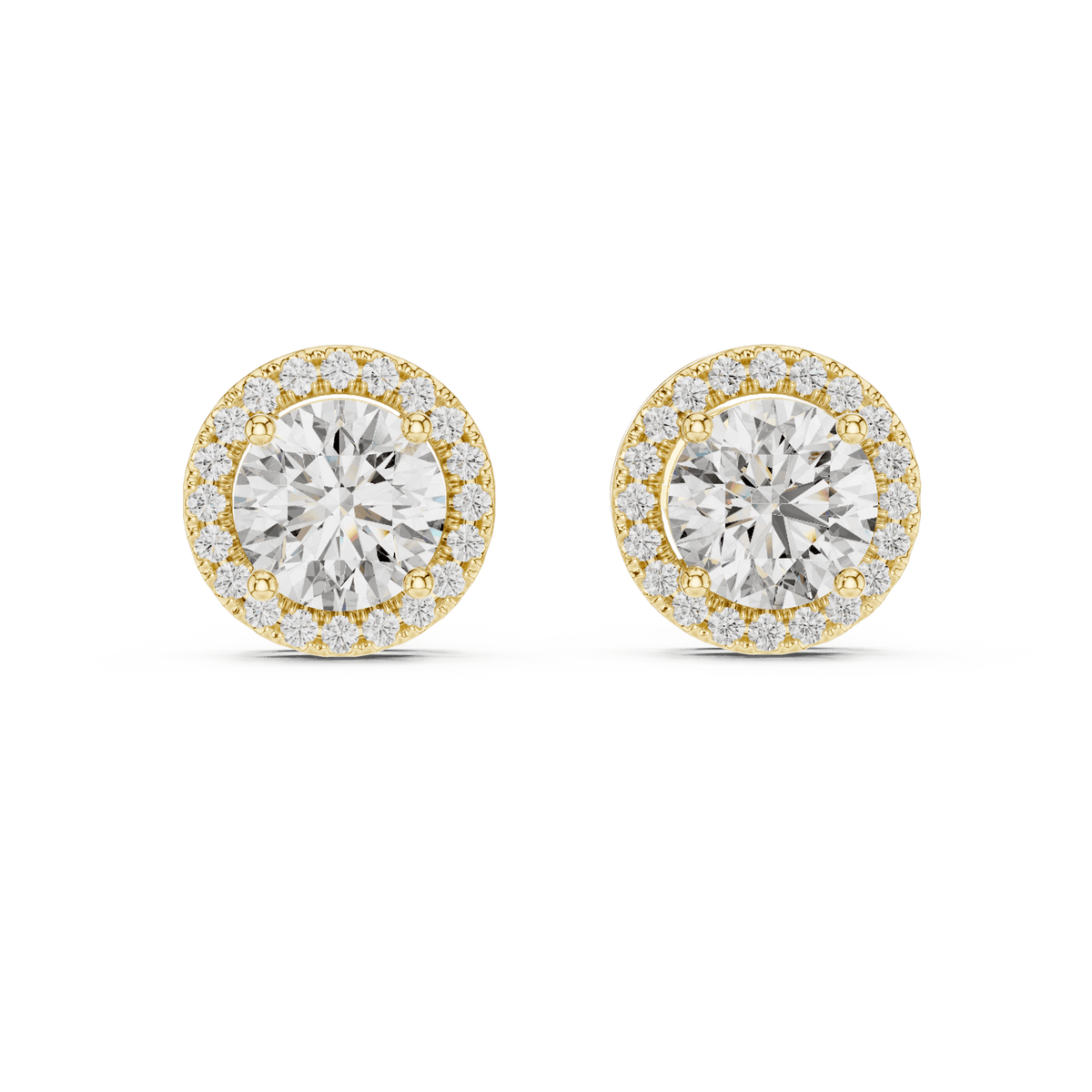 Round halo diamond stud earrings featuring brilliant center stones surrounded by sparkling halo accents with secure stud backs by Aortas Jewels.