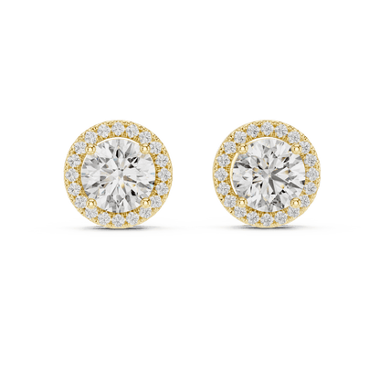 Round halo diamond stud earrings featuring brilliant center stones surrounded by sparkling halo accents with secure stud backs by Aortas Jewels.