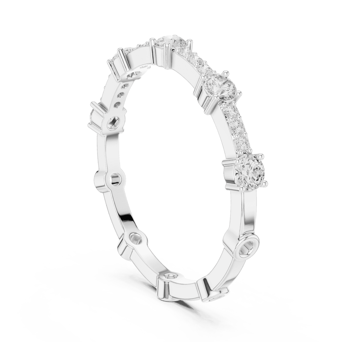Shared Prong Diamond Eternity Band featuring brilliant round diamonds in a polished half eternity shared-prong setting by Aortas Jewels.
