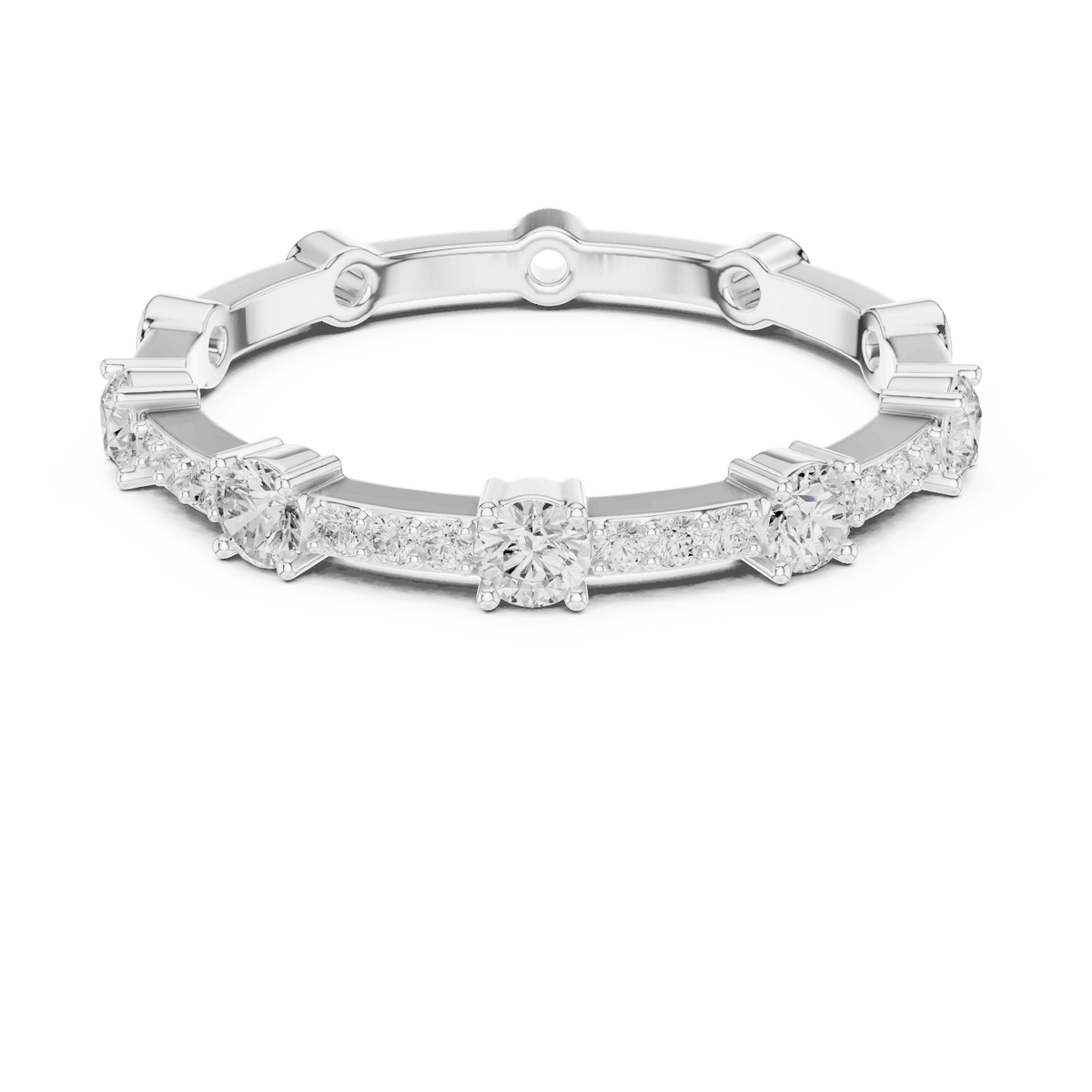 Shared Prong Diamond Eternity Band featuring brilliant round diamonds in a polished half eternity shared-prong setting by Aortas Jewels.