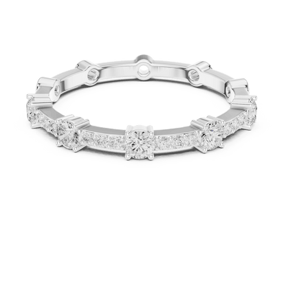 Shared Prong Diamond Eternity Band featuring brilliant round diamonds in a polished half eternity shared-prong setting by Aortas Jewels.