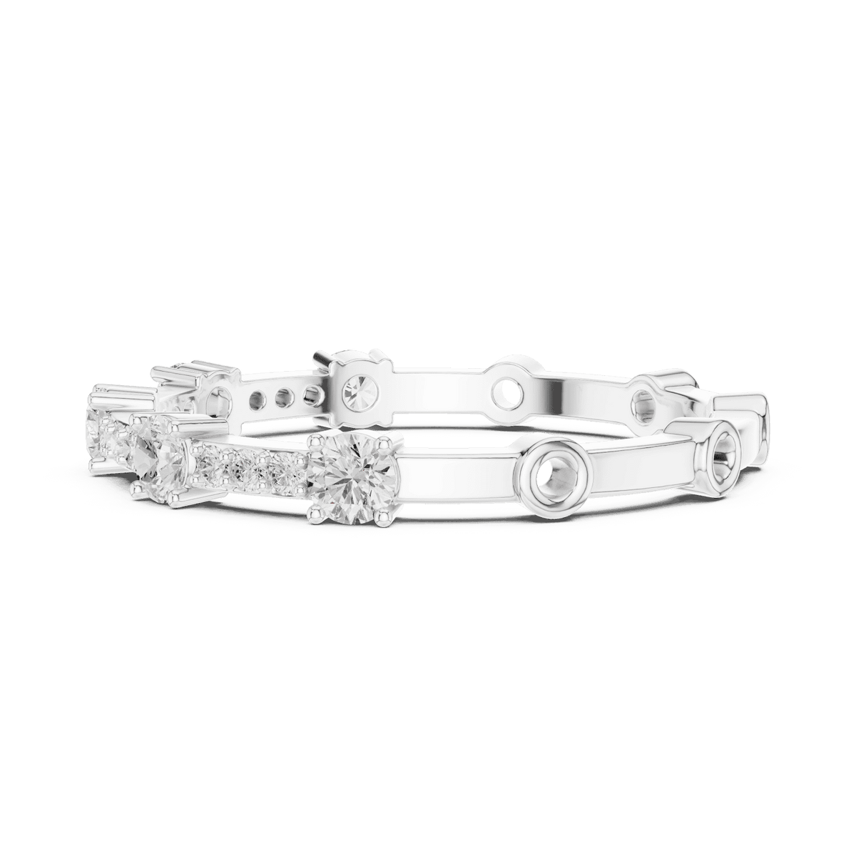 Shared Prong Diamond Eternity Band featuring brilliant round diamonds in a polished half eternity shared-prong setting by Aortas Jewels.