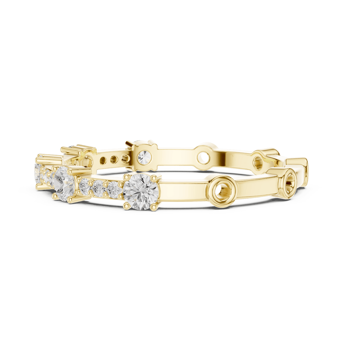 Shared Prong Diamond Eternity Band featuring brilliant round diamonds in a polished half eternity shared-prong setting by Aortas Jewels.