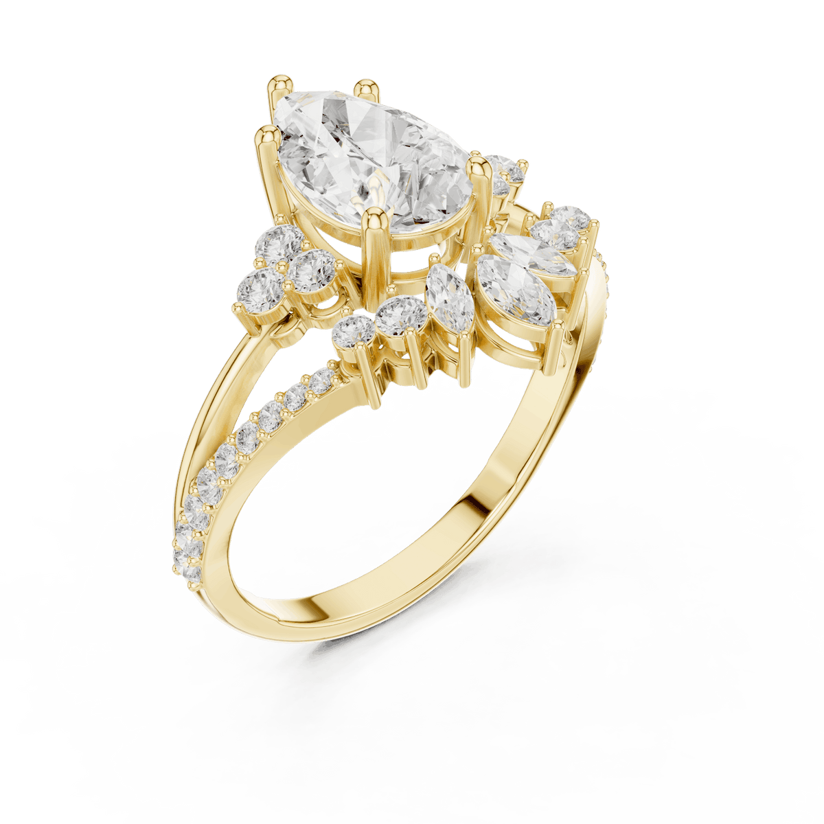 Three-stone diamond engagement ring featuring a brilliant round center stone, sparkling side stones, and a pavé-set band by Aortas Jewels.