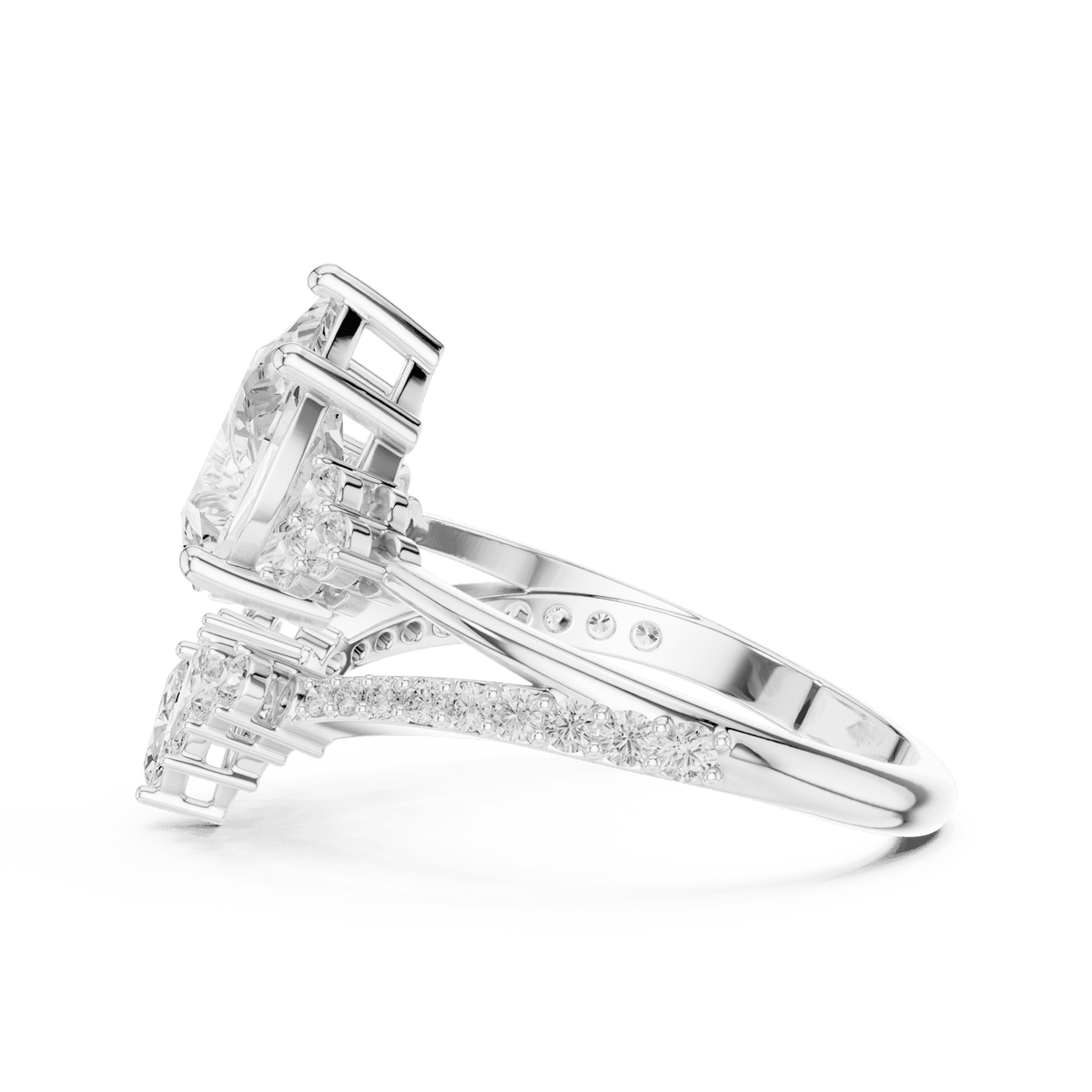 Three-stone diamond engagement ring featuring a brilliant round center stone, sparkling side stones, and a pavé-set band by Aortas Jewels.