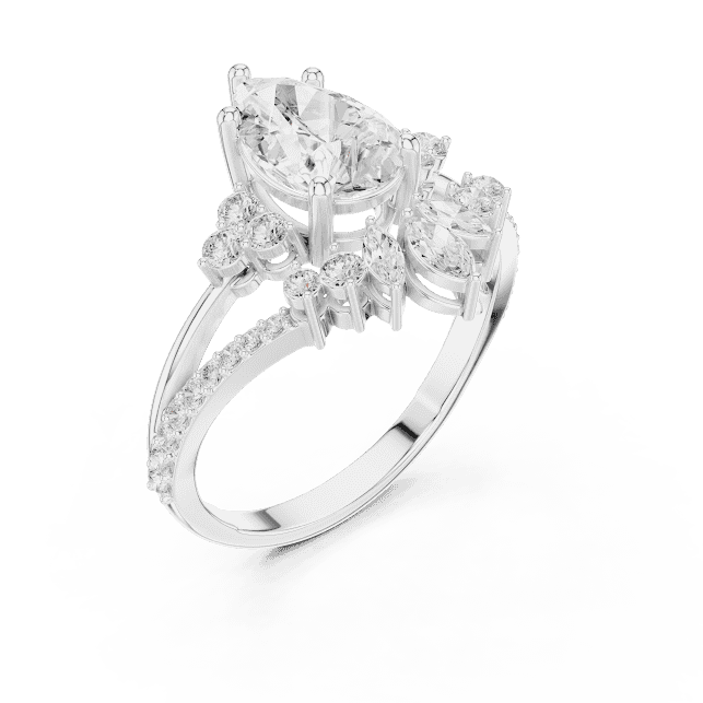 Three-stone diamond engagement ring featuring a brilliant round center stone, sparkling side stones, and a pavé-set band by Aortas Jewels.