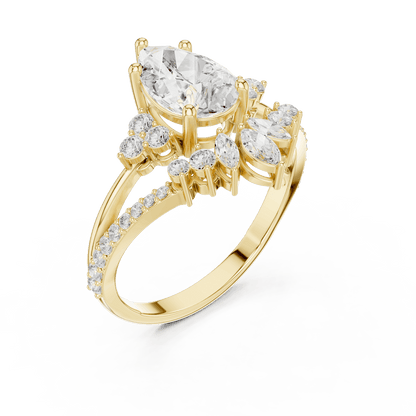 Three-stone diamond engagement ring featuring a brilliant round center stone, sparkling side stones, and a pavé-set band by Aortas Jewels.