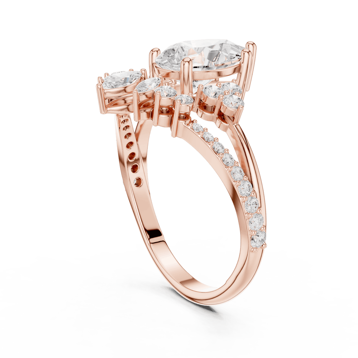 Three-stone diamond engagement ring featuring a brilliant round center stone, sparkling side stones, and a pavé-set band by Aortas Jewels.