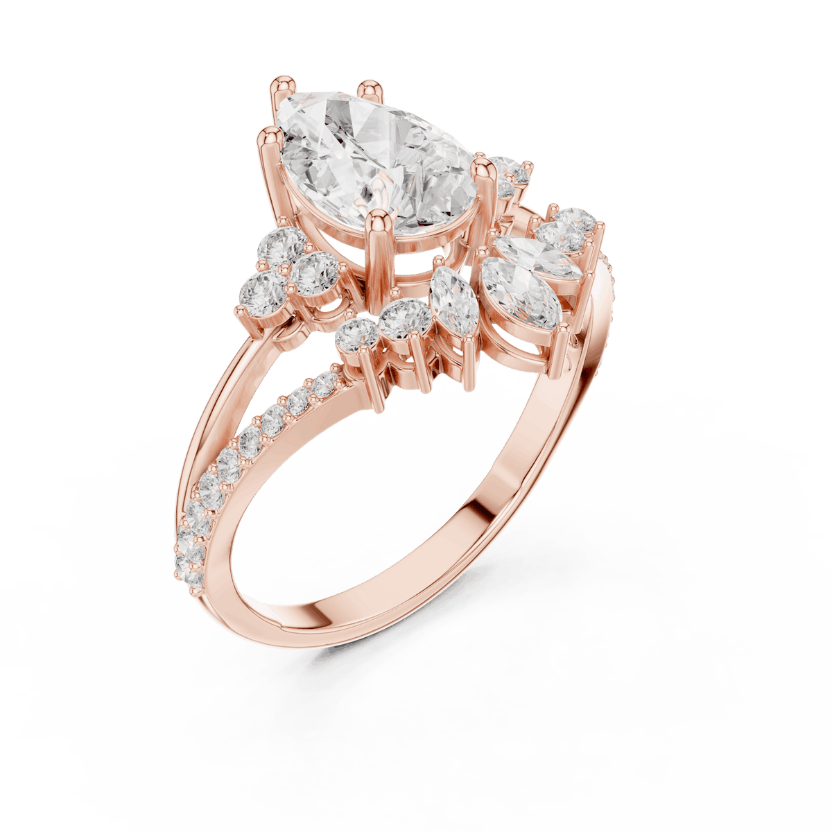 Three-stone diamond engagement ring featuring a brilliant round center stone, sparkling side stones, and a pavé-set band by Aortas Jewels.