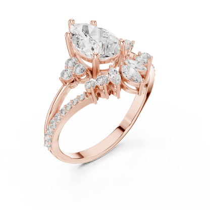 Three-stone diamond engagement ring featuring a brilliant round center stone, sparkling side stones, and a pavé-set band by Aortas Jewels.