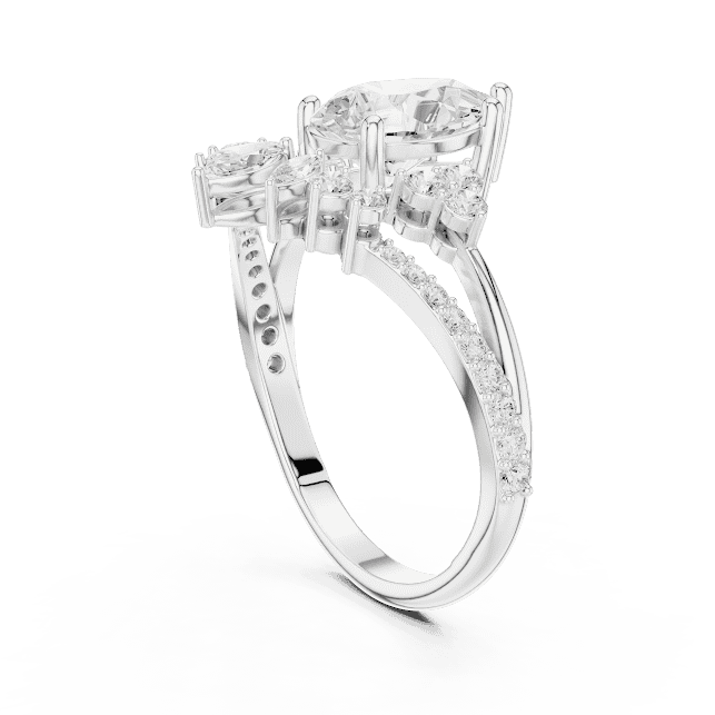 Three-stone diamond engagement ring featuring a brilliant round center stone, sparkling side stones, and a pavé-set band by Aortas Jewels.