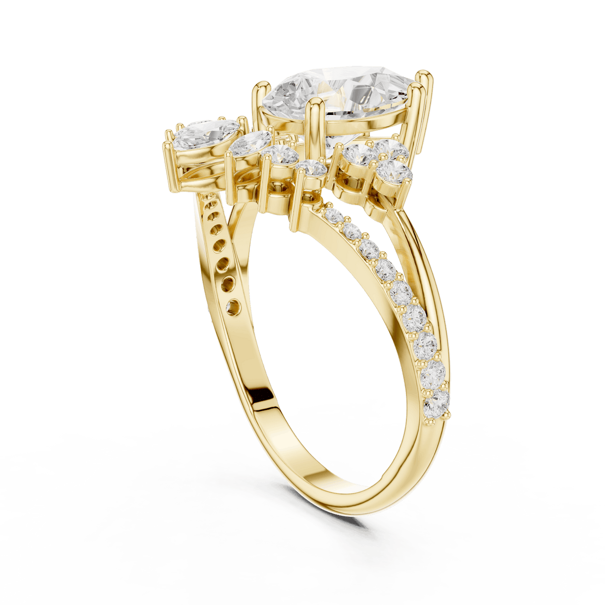 Three-stone diamond engagement ring featuring a brilliant round center stone, sparkling side stones, and a pavé-set band by Aortas Jewels.