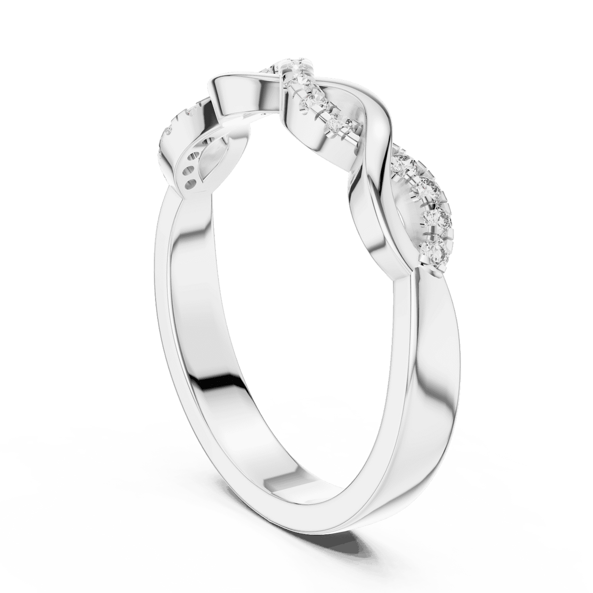 Twisted Diamond Wave Band Ring featuring an elegant crossover wave design with sparkling round stone accents and a polished finish by Aortas Jewels.