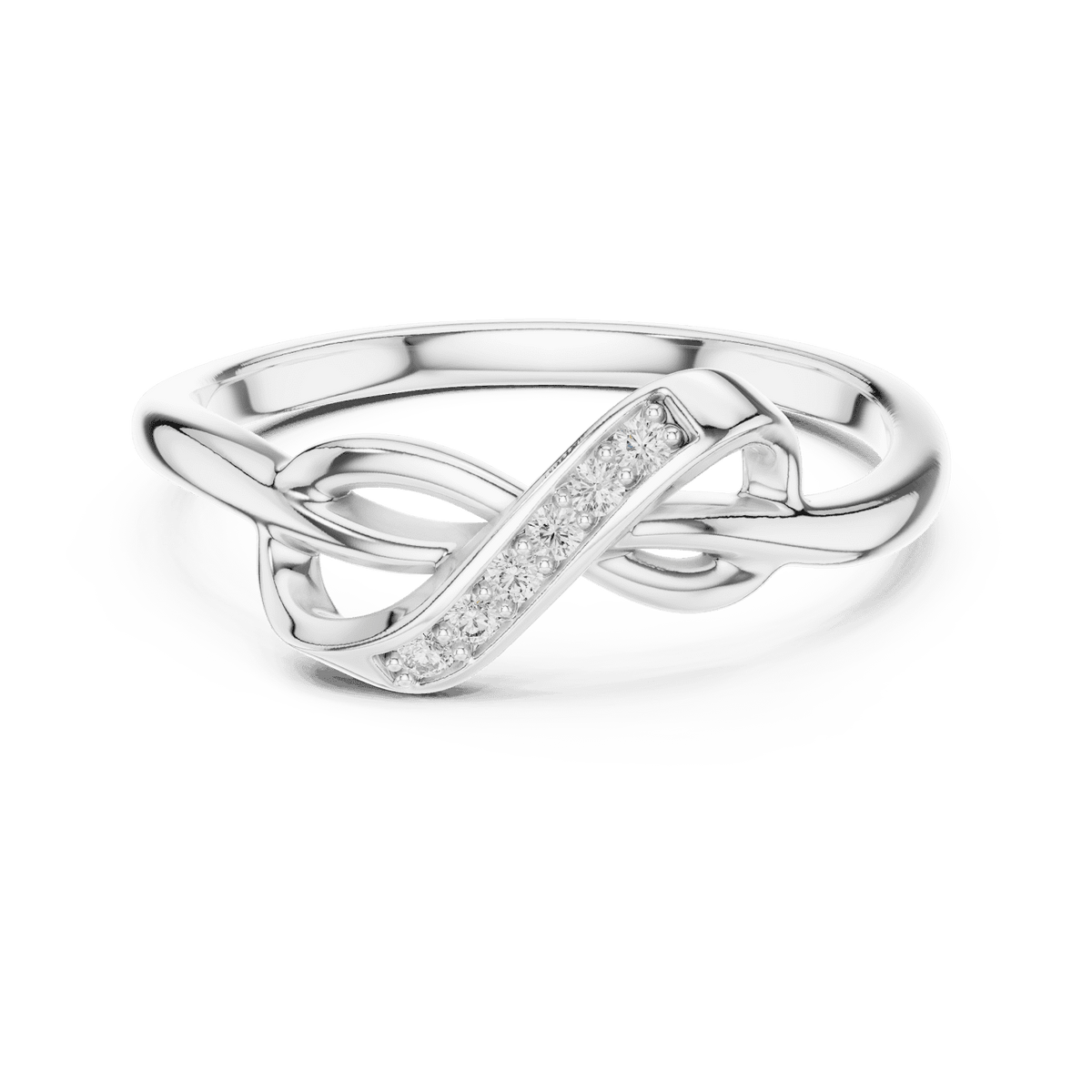 Twisted Infinity Diamond Ring featuring an elegant crossover band with sparkling accent stones and a polished finish by Aortas Jewels.