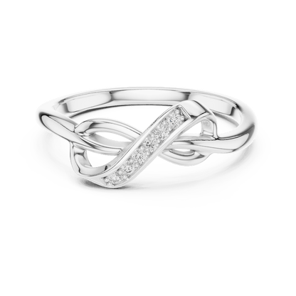 Twisted Infinity Diamond Ring featuring an elegant crossover band with sparkling accent stones and a polished finish by Aortas Jewels.