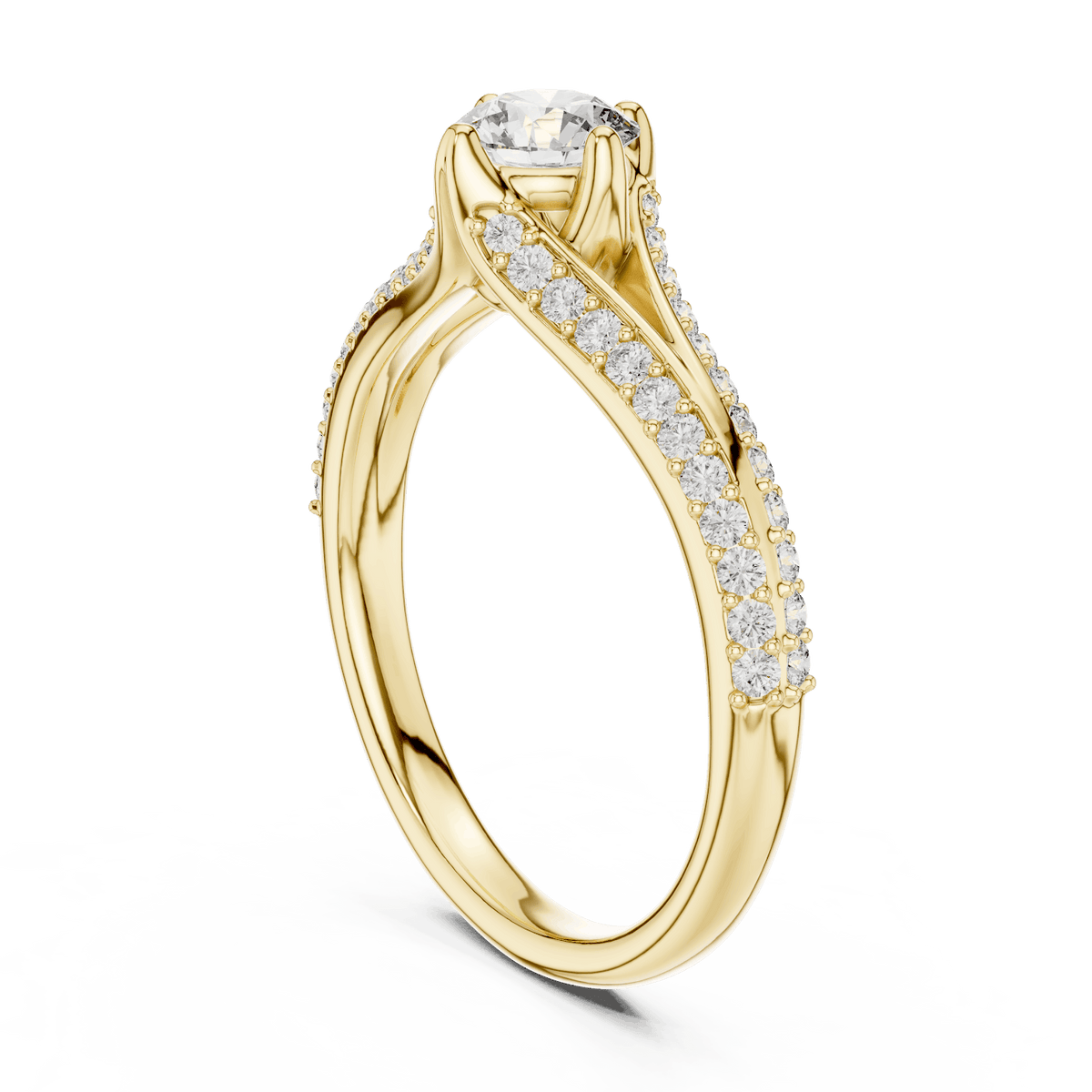 Twisted pavé solitaire diamond ring featuring a round-cut center stone, elegant crossover band, and sparkling pavé-set diamonds by Aortas Jewels.