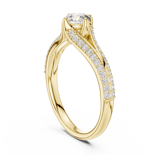 Twisted pavé solitaire diamond ring featuring a round-cut center stone, elegant crossover band, and sparkling pavé-set diamonds by Aortas Jewels.