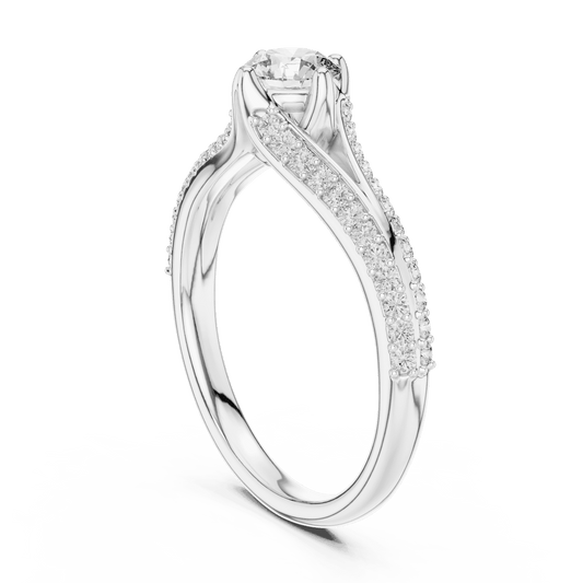Twisted pavé solitaire diamond ring featuring a round-cut center stone, elegant crossover band, and sparkling pavé-set diamonds by Aortas Jewels.