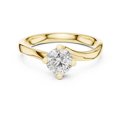 Twisted solitaire diamond engagement ring featuring a round-cut center stone in a four-prong setting with a sleek sculpted twisted band by Aortas Jewels.