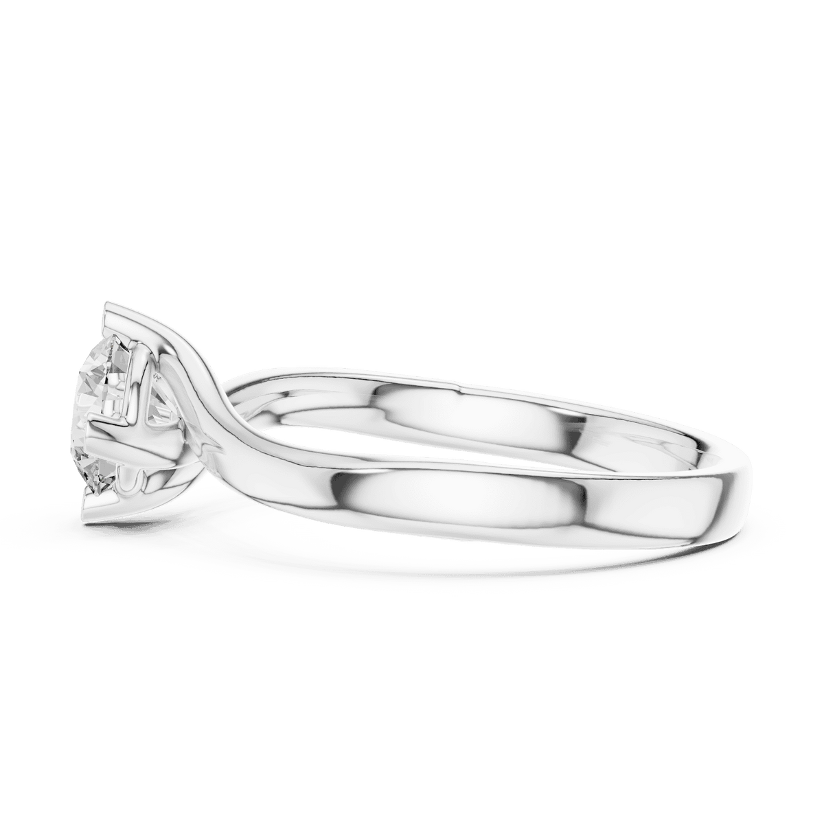 Twisted solitaire diamond engagement ring featuring a round-cut center stone in a four-prong setting with a sleek sculpted twisted band by Aortas Jewels.