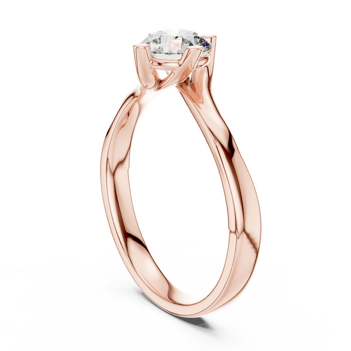 Twisted solitaire diamond engagement ring featuring a round-cut center stone in a four-prong setting with a sleek sculpted twisted band by Aortas Jewels.