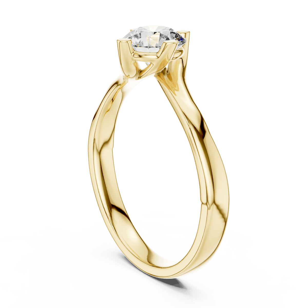 Twisted solitaire diamond engagement ring featuring a round-cut center stone in a four-prong setting with a sleek sculpted twisted band by Aortas Jewels.