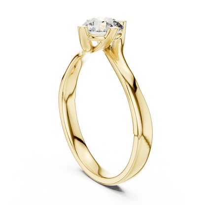 Twisted solitaire diamond engagement ring featuring a round-cut center stone in a four-prong setting with a sleek sculpted twisted band by Aortas Jewels.