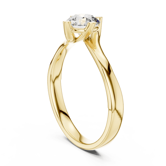 Twisted solitaire diamond engagement ring featuring a round-cut center stone in a four-prong setting with a sleek sculpted twisted band by Aortas Jewels.