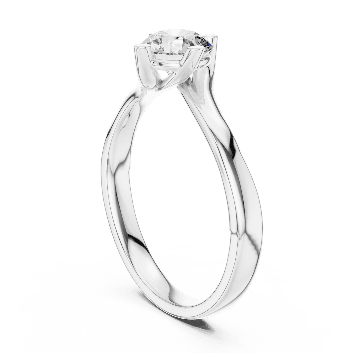 Twisted solitaire diamond engagement ring featuring a round-cut center stone in a four-prong setting with a sleek sculpted twisted band by Aortas Jewels.