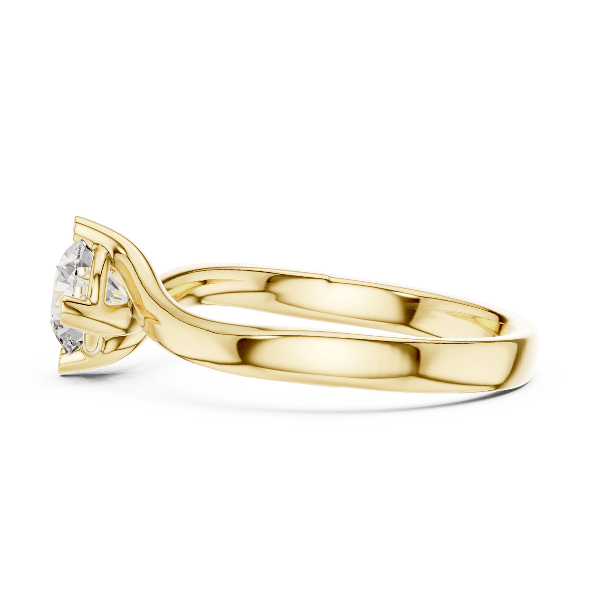 Twisted solitaire diamond engagement ring featuring a round-cut center stone in a four-prong setting with a sleek sculpted twisted band by Aortas Jewels.