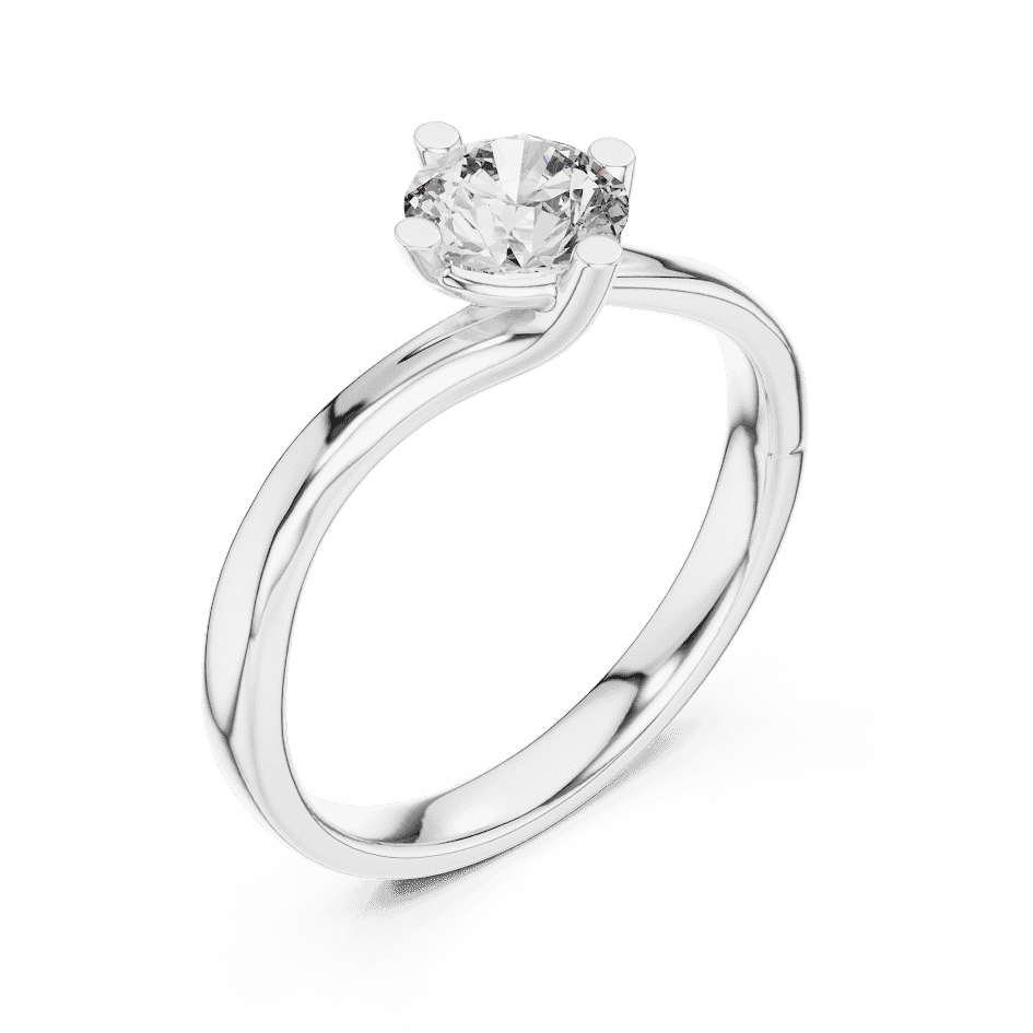Twisted solitaire diamond engagement ring featuring a round-cut center stone in a four-prong setting with a sleek sculpted twisted band by Aortas Jewels.