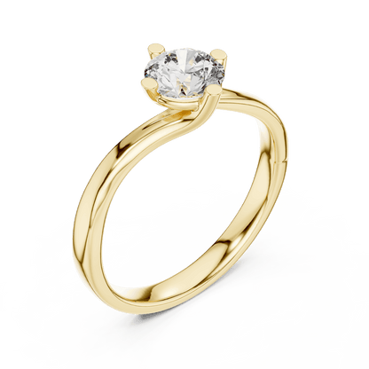 Twisted solitaire diamond engagement ring featuring a round-cut center stone in a four-prong setting with a sleek sculpted twisted band by Aortas Jewels.