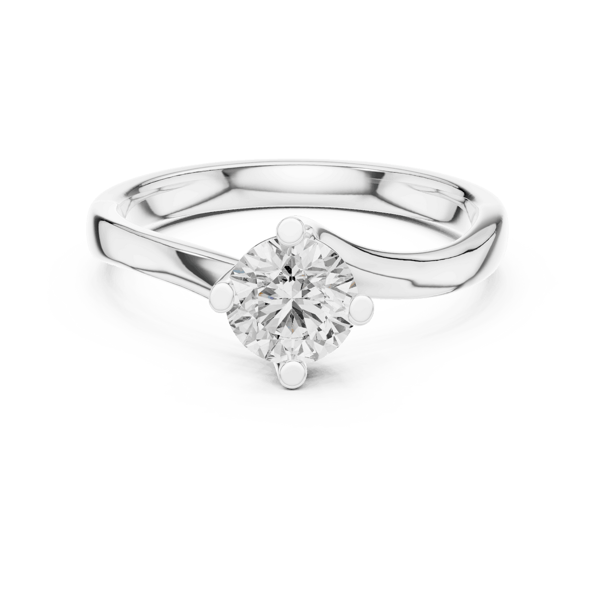 Twisted solitaire diamond engagement ring featuring a round-cut center stone in a four-prong setting with a sleek sculpted twisted band by Aortas Jewels.