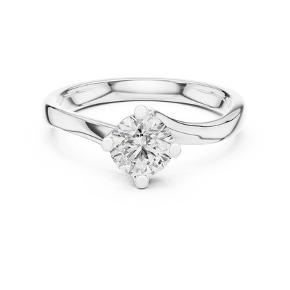 Twisted solitaire diamond engagement ring featuring a round-cut center stone in a four-prong setting with a sleek sculpted twisted band by Aortas Jewels.
