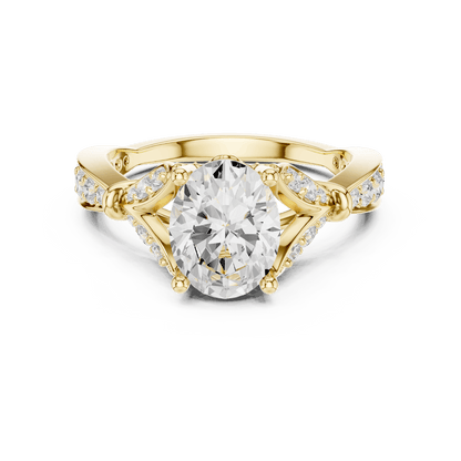 Vintage Leaf Solitaire Diamond Engagement Ring featuring a round brilliant center stone, marquise leaf motifs, and pavé diamond accents on a polished band by Aortas Jewels.