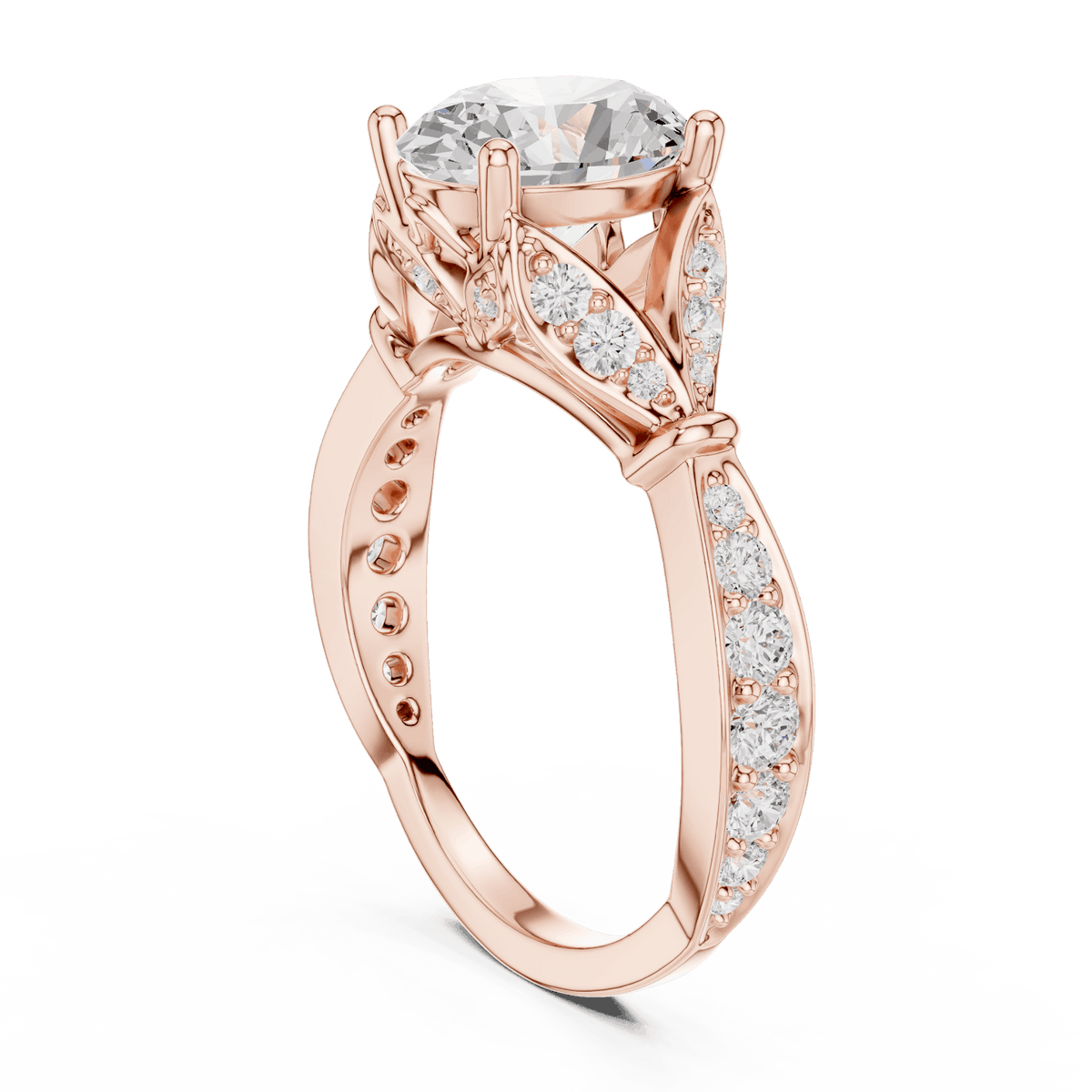 Vintage Leaf Solitaire Diamond Engagement Ring featuring a round brilliant center stone, marquise leaf motifs, and pavé diamond accents on a polished band by Aortas Jewels.