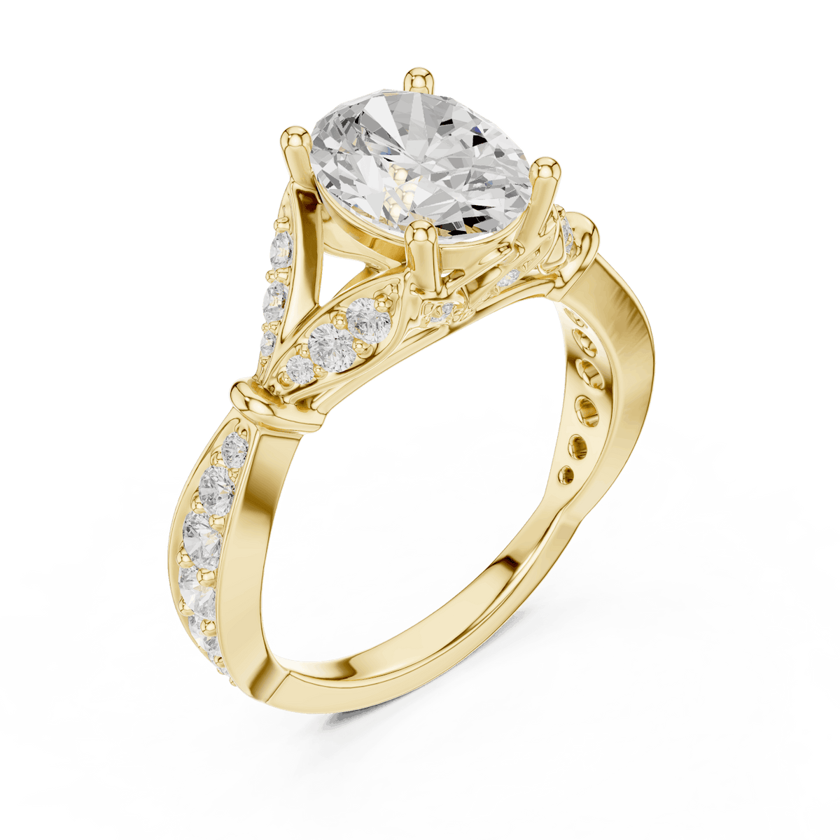 Vintage Leaf Solitaire Diamond Engagement Ring featuring a round brilliant center stone, marquise leaf motifs, and pavé diamond accents on a polished band by Aortas Jewels.