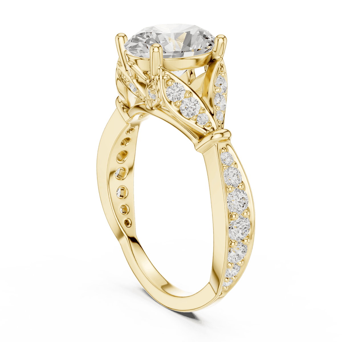 Vintage Leaf Solitaire Diamond Engagement Ring featuring a round brilliant center stone, marquise leaf motifs, and pavé diamond accents on a polished band by Aortas Jewels.