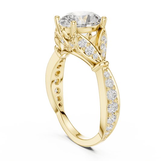 Vintage Leaf Solitaire Diamond Engagement Ring featuring a round brilliant center stone, marquise leaf motifs, and pavé diamond accents on a polished band by Aortas Jewels.