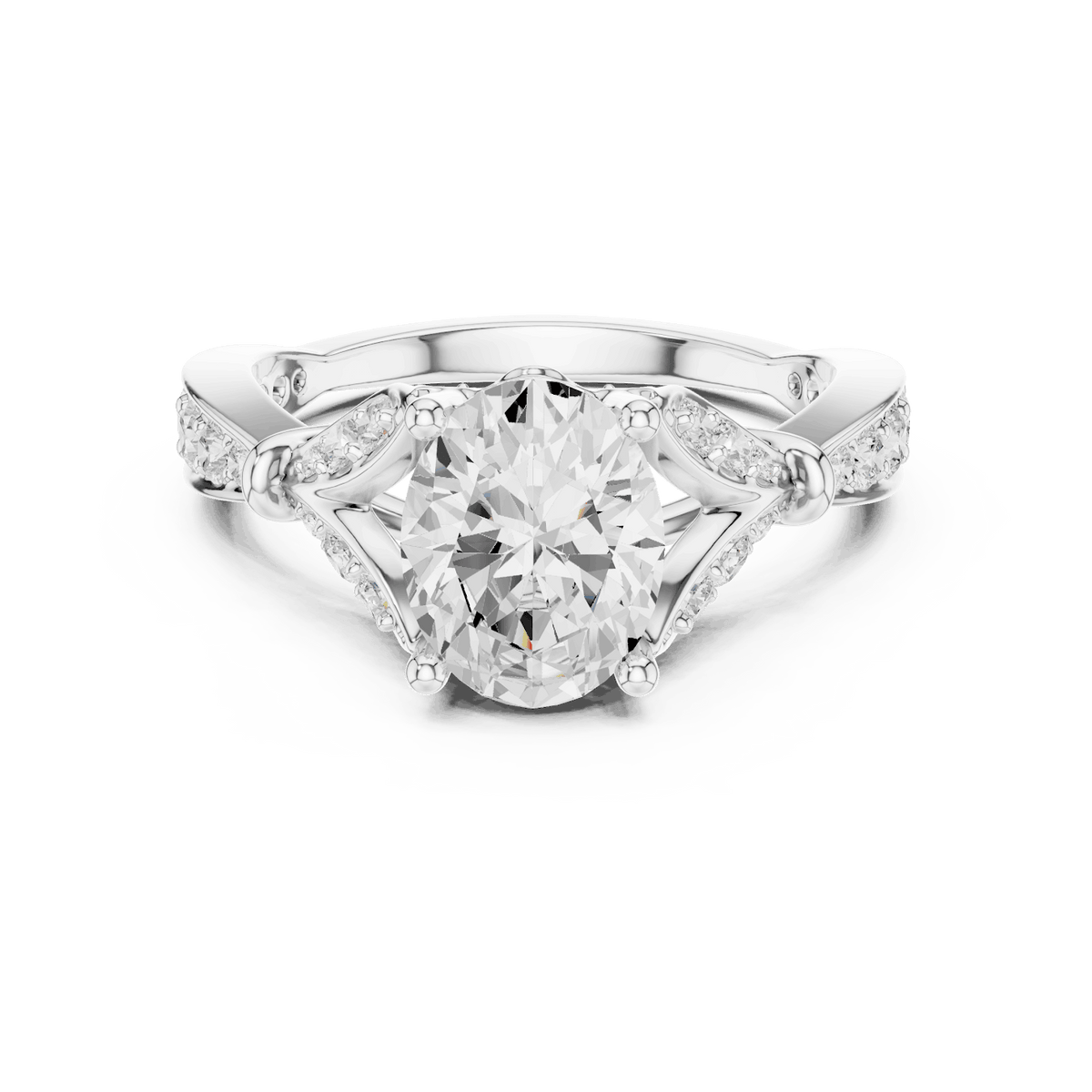 Vintage Leaf Solitaire Diamond Engagement Ring featuring a round brilliant center stone, marquise leaf motifs, and pavé diamond accents on a polished band by Aortas Jewels.