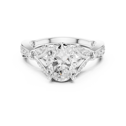 Vintage Leaf Solitaire Diamond Engagement Ring featuring a round brilliant center stone, marquise leaf motifs, and pavé diamond accents on a polished band by Aortas Jewels.