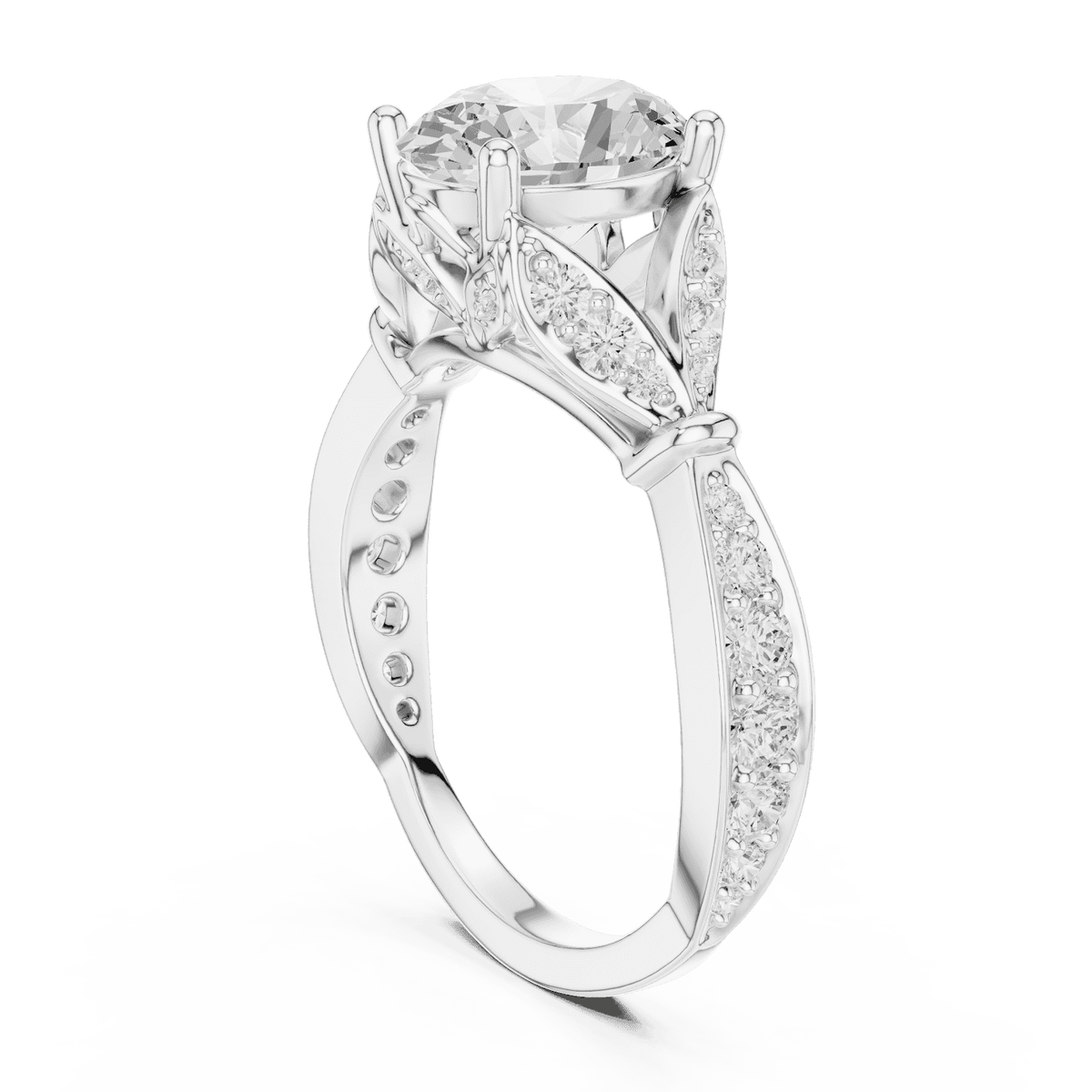 Vintage Leaf Solitaire Diamond Engagement Ring featuring a round brilliant center stone, marquise leaf motifs, and pavé diamond accents on a polished band by Aortas Jewels.