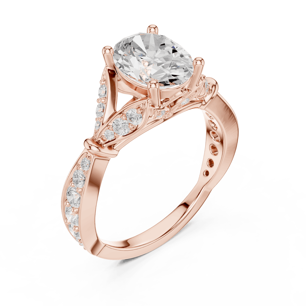 Vintage Leaf Solitaire Diamond Engagement Ring featuring a round brilliant center stone, marquise leaf motifs, and pavé diamond accents on a polished band by Aortas Jewels.