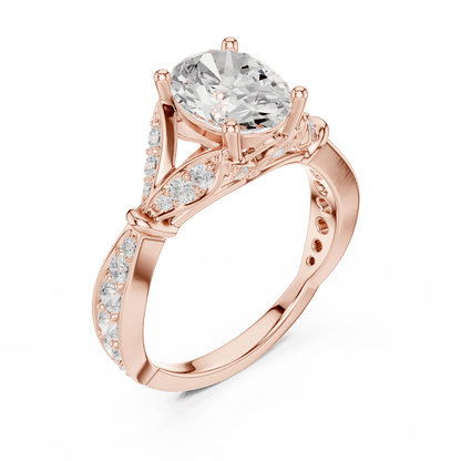 Vintage Leaf Solitaire Diamond Engagement Ring featuring a round brilliant center stone, marquise leaf motifs, and pavé diamond accents on a polished band by Aortas Jewels.