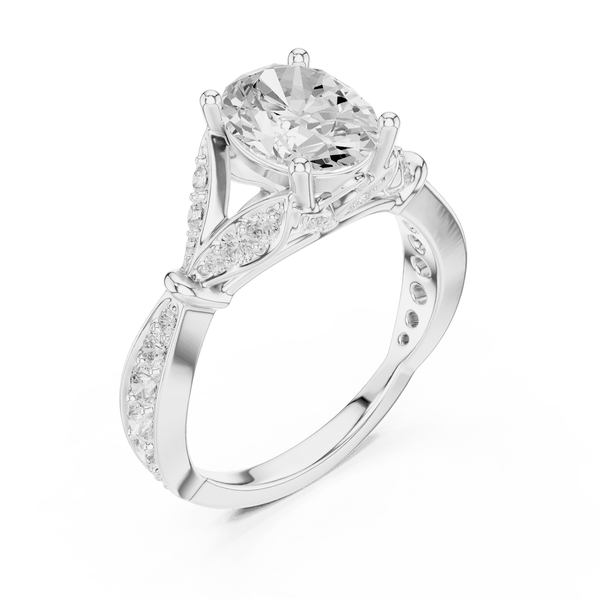 Vintage Leaf Solitaire Diamond Engagement Ring featuring a round brilliant center stone, marquise leaf motifs, and pavé diamond accents on a polished band by Aortas Jewels.