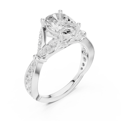 Vintage Leaf Solitaire Diamond Engagement Ring featuring a round brilliant center stone, marquise leaf motifs, and pavé diamond accents on a polished band by Aortas Jewels.